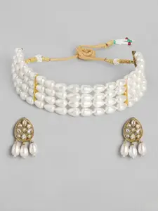 Anouk Premium Quality White Pearls Kundan Beaded Lyered Choker Necklace Jewelry Set