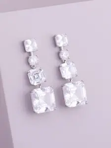 Kushal's Fashion Jewellery Rhodium Plated Ziron Studded Contemporary Drop Earrings