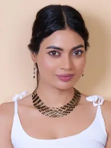 JIYANSHI FASHION Women Black Onyx Gold-Plated Multi-Layer Beaded Party Choker Necklace