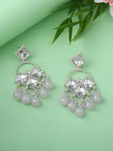 Estele Rhodium Plated Kundan Studded Geometric Drop Earrings