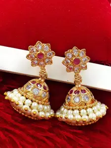 Anujeet Fashion Hub Gold-Plated Dome Shaped Artificial Stones and Beads Jhumkas Earrings