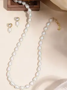 Anouk White Pearls Kundan Beaded Single Line Necklace Jewelry Set