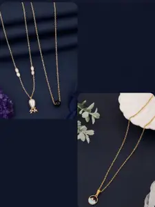 DressBerry Women Set Of 3 Gold-Plated Feather Minimal Necklaces
