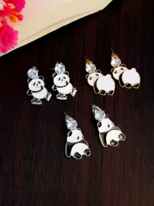 PRIVIU Set Of 3 Gold-Plated American Diamond Studded Skating Cute Panda Studs