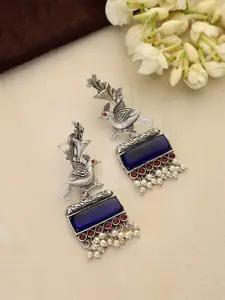 Adwitiya Collection Silver-Plated Stones Studded And Beaded Oxidised Bird Drop Earrings