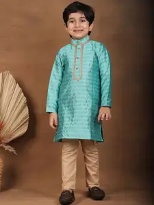 Superminis Boys Geometric Woven Design Mandarin Collar Pure Silk Kurta With Pyjamas