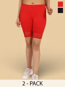 Jinfo Women Pack Of 2 Solid Skinny Fit Cycling Cotton Sports Shorts