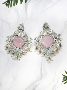 Adwitiya Collection Silver-Plated Stones Studded And Beaded Square Drop Earrings