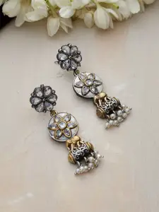 Adwitiya Collection Silver-Plated Kundan Studded And Beaded Elephant Design Drop Earrings