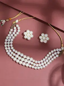 Anouk Premium Quality White Pearls Kundan Beaded Lyered Choker Necklace Jewelry Set