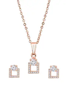 Anxvi Women AD Studded Rose Gold Plated Square Pendant With Chain