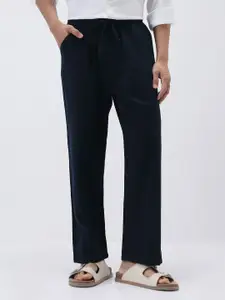 Urbano Fashion Men's Navy Loose Fit Solid Linen Blend Non-Stretchable Trousers