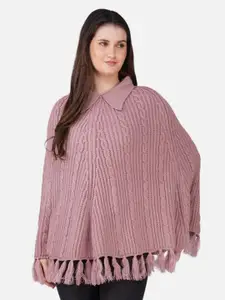 JoE Hazel Women Cable Knit Self Design Shirt Collar Longline Poncho