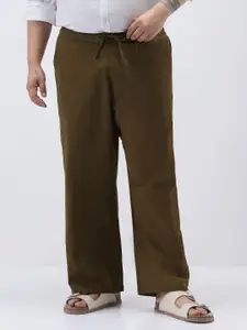 Urbano Plus Men's Khaki Loose Fit Solid Linen Blend Non-Stretchable Trousers