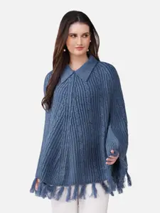 JoE Hazel Self Design Shirt Collar Acrylic Longline Poncho