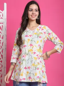 KALINI Floral Printed V-Neck Pure Cotton Straight Kurti