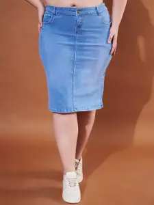 Purple Feather Plus Size Denim Pencil Midi Skirt