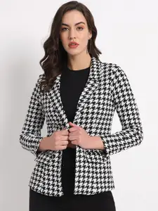 Zastraa Houndstooth Printed Slim Fit Open-Front Blazer