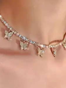DressBerry Gold Plated Diamond Studded Butterfly Choker Necklace