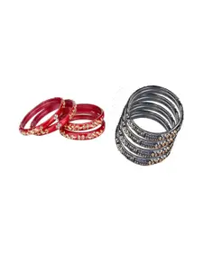 SOMIL Set Of 8 Red And Grey Glass Artificial Stones and Beads Bangles