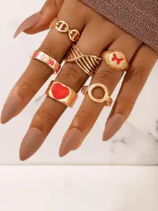 DressBerry Red Color Dripping Oil Love Star, Heart and Butterfly Ring 6 Pcs Ring Set