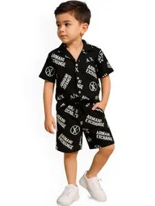 FASHION GRAB Boys Typographic Printed Lapel Collar Shirt & Shorts