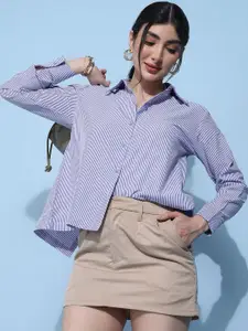 CORSICA Women Vertical Striped Spread Collar Cotton Casual Shirt