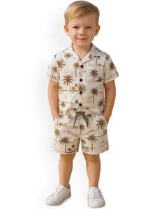 FASHION GRAB Boys Floral Printed Lapel Collar Shirt & Shorts