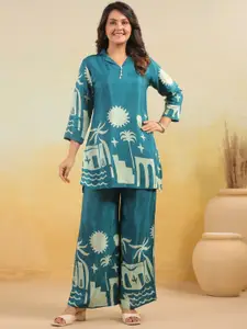 JISORA Printed V Neck Top With Palazzo Co-Ords