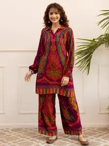 AUTUMN LANE Printed Shirt Collar Top & PalazzosCo-OrdsSet