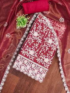 KIMISHA Floral Embroidered Thread Work Organza Unstitched Dress Material