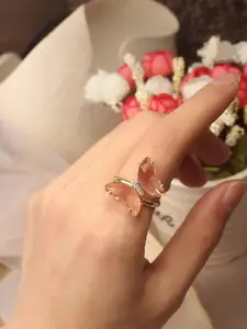 DressBerry Stylish Gold Plated Pink Crystal Butterfly Ring for Women and Girls