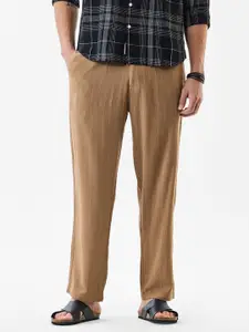 Snitch Men Striped Tan Mid-Rise Regular Fit Trouser
