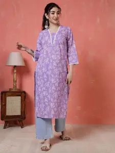 Nayo Women Floral Printed Screen Print Daily Cotton Straight Kurta