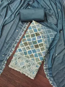 KIMISHA Geometric Printed Sequinned Cotton Unstitched Dress Material