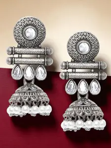 OOMPH Silver Plated Kundan Studded Oxidised Dome Shaped Jhumkas