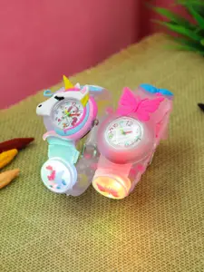 Stoln Gift Set of 2 Pink Unicorn & Butterfly Designed with LED light Analogue Wrist Watch
