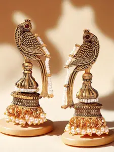 OOMPH Artificial Stones Studded & Beaded Peacock Shaped Jhumkas