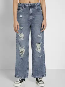 SF JEANS by Pantaloons Women Straight Fit Mid-Rise Highly Distressed Heavy Fade Jeans