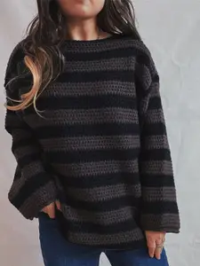 all about you Women Striped Boat Neck Oversized Pullover Sweaters