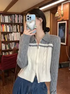 StyleCast Women Colourblocked Shirt Collar Front-Open Sweaters