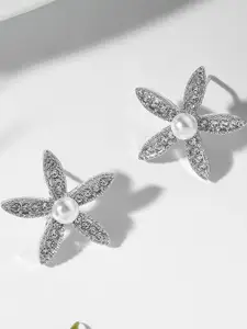 Estailo fashion Silver-Plated Artificial Stones Studded & Beaded Floral Studs