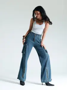 FREAKINS Indigo Pintuck Women Straight Fit High-Rise Cargo Jeans