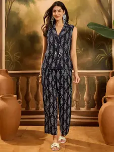 Sangria Printed Coat Style Top with Trousers Co-Ords