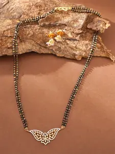 ABDESIGNS Gold-Plated American Diamond Studded and Beaded Mangalsutra With Earrings