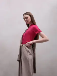 Vero Moda Jolly SS Women Cherry Red Mandarin Collar Roll-Up Sleeves Top