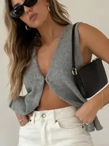 all about you Women Sleeveless V-Neck Self Design Sweater