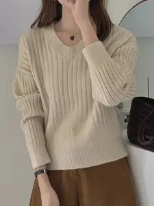 StyleCast Women Solid V-Neck Cable Knit Pullover