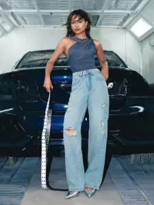 FREAKINS Women Light Blue Distressed Straight Jeans