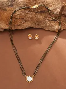 ABDESIGNS Gold-Plated American Diamond Studded and Beaded Mangalsutra With Earrings